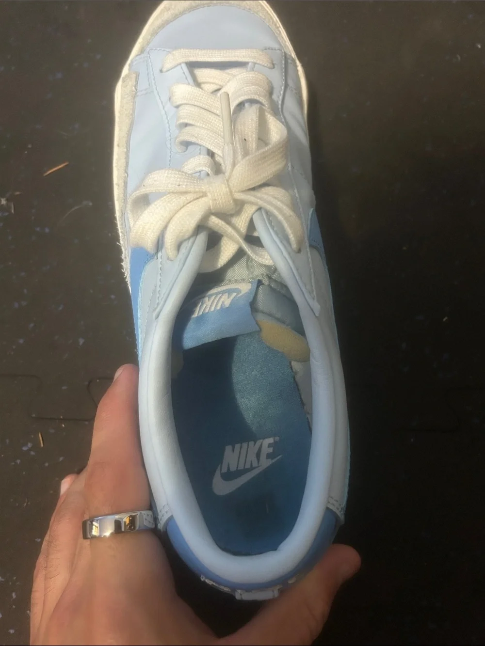 Nike Light Blue and White Low-Top Sneakers with Blue Swoosh